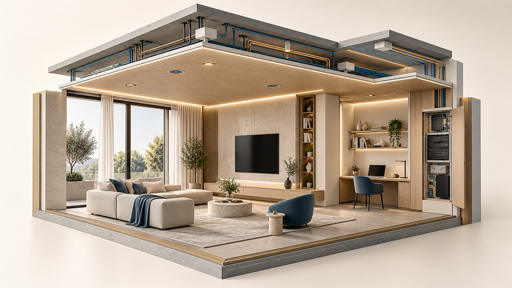 Corte 3D ilustrativo de arquitetura e infraestrutura integrada