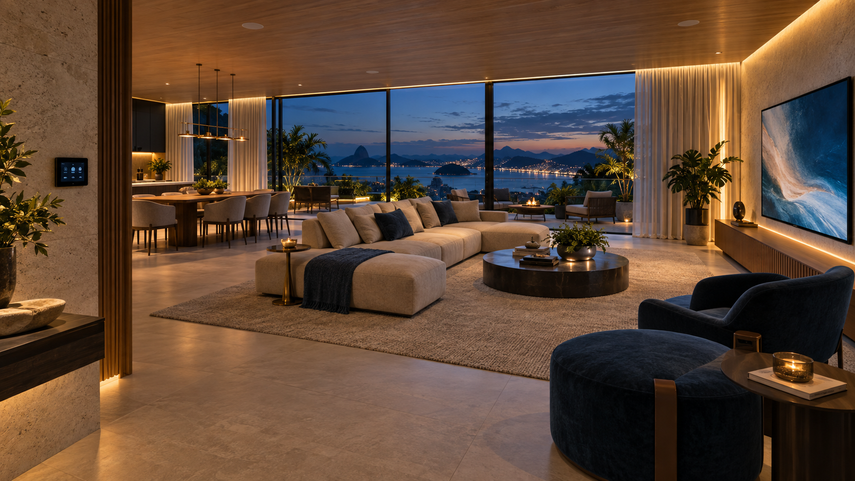 Conceito 3D de residencia com iluminacao, audio, entretenimento e controle integrados